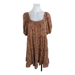 Wild Fable Size XL Shift Mini Dress Brown Floral Square Neckline Puff Sleeves